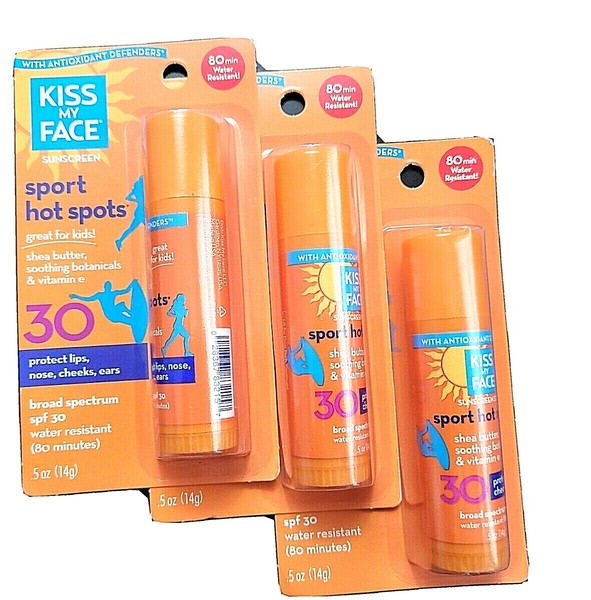 3x Kiss My Face Sport Hot Spots Sunscreen Stick SPF 30 Water Resistant