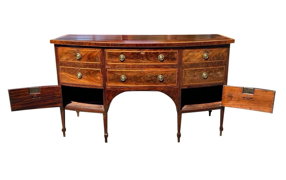 ANTIGUO APARADOR CON INCRUSTACIONES DE CAOBA Y MADERA SATINADA GEORGE III - CAJÓN PARA BOTELLAS Foto 2 de 4