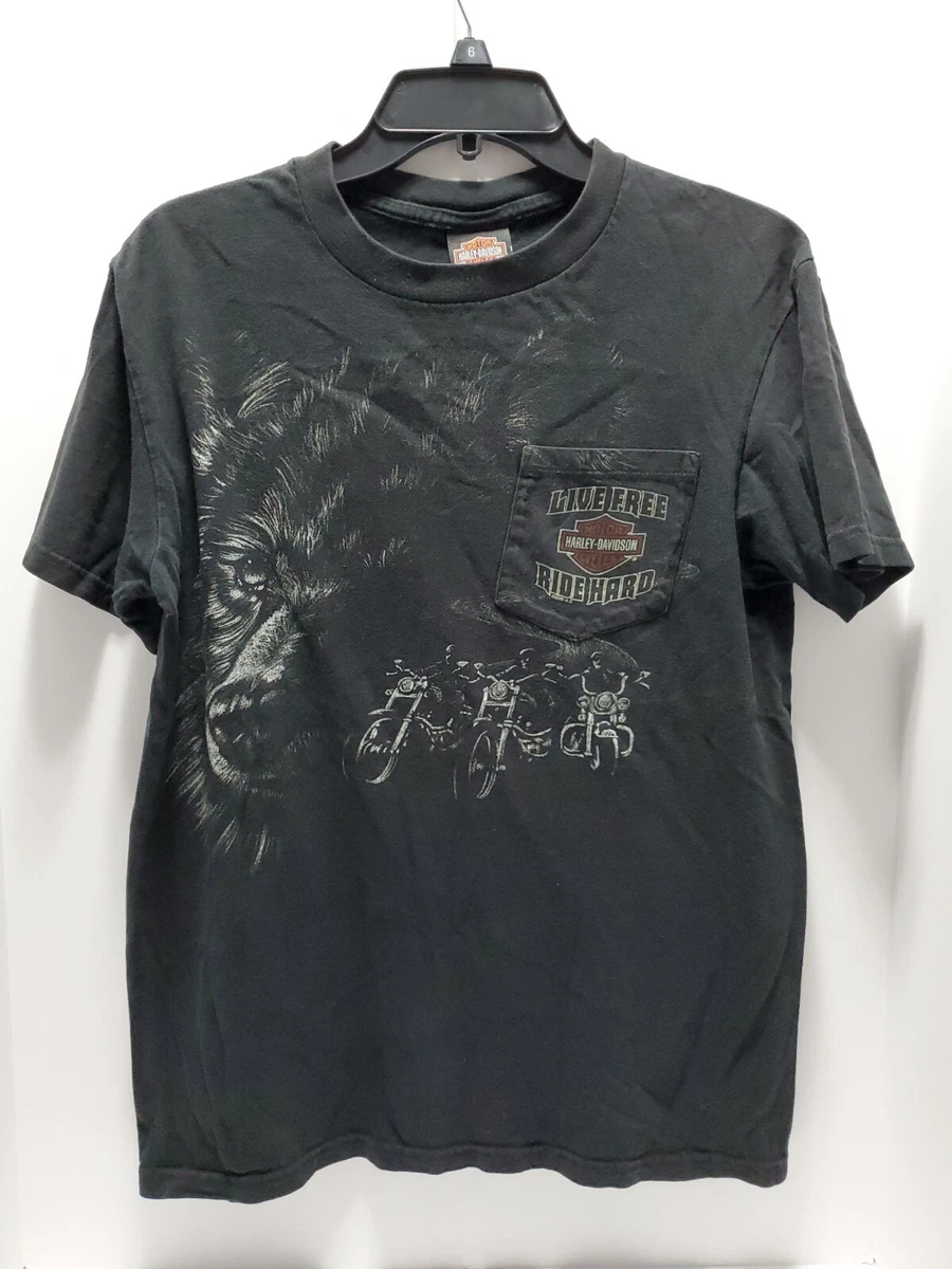 Harley Davidson Live Free Ride Hard Wolf Pocket Black Graphic T-Shirt Mens M