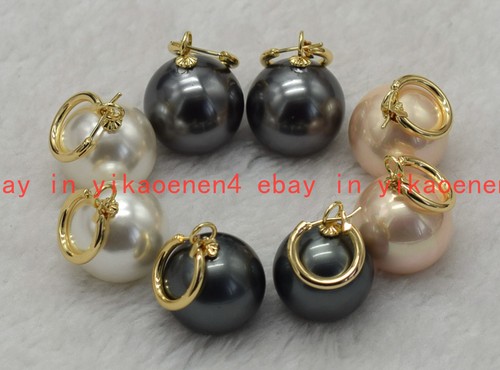 Pretty Huge 20mm Natural Black Pink White Shell Pearl Round Beads Earring - Picture 9 of 15