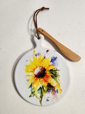Demdaco Dean Crouser Sunflower Ceramic Serving Cutting Board With Wooden Spatula