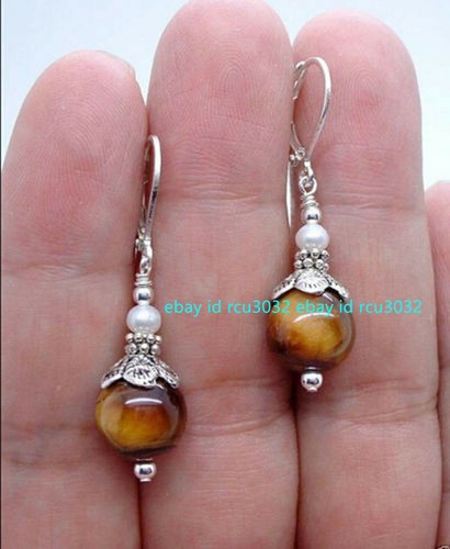 Pretty Multicolor Round 12mm Gemstone + 4-5mm White Pearl Dangle Earrings AA - Picture 2 of 16