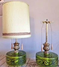 Vintage Mid Century Modern Hollywood Regency Green Blown Glass Lamp Hand Painted