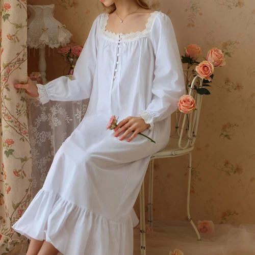 Women's Cotton Nightgown Princess Square Neck Long Sleeve Sleep Dress - Picture 51 of 53