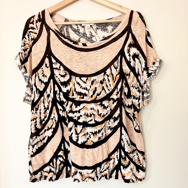 Witchery 100% Linen Short Sleeve Top Size 12 Animal Print Relaxed Shirt As New