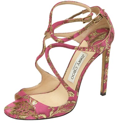 JIMMY CHOO Heels Sandals Brocade Pink Gold Metallic LANCER Leather