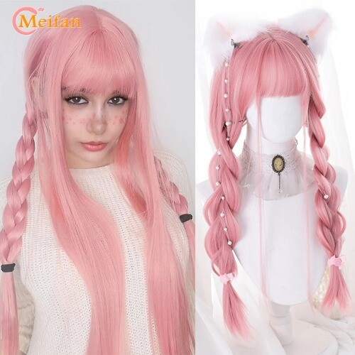 Synthetic Long Cosplay Lolita Harajuku Wig With Bangs Pink  display picture 1