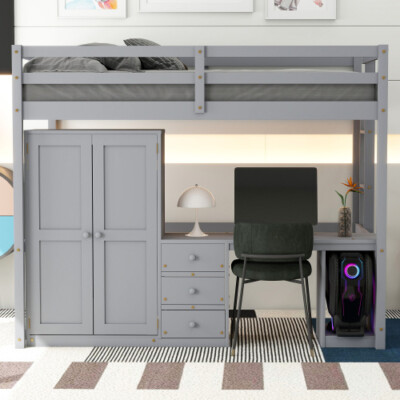 Twin Full Size Loft Bed with Desk and Wardrobe & Storage Drawers Wood Bed Frames