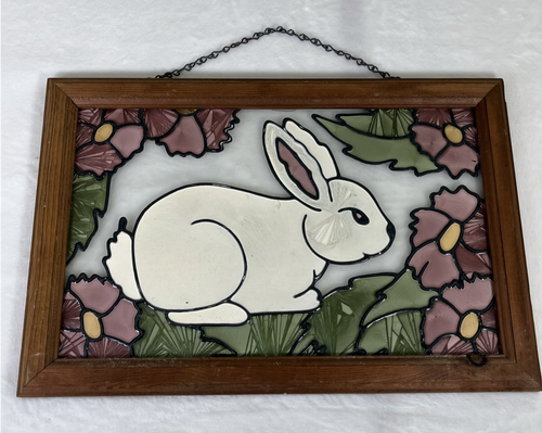 Vintage Stained Glass Rabbit & Flowers Wood Framed Wall Hanging Picture 18x12 FS