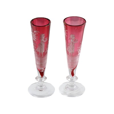 Antikes Preiselbeerglas MARY GREGORY Paar überlaufende Vasen Kamee Stil viktorianisch