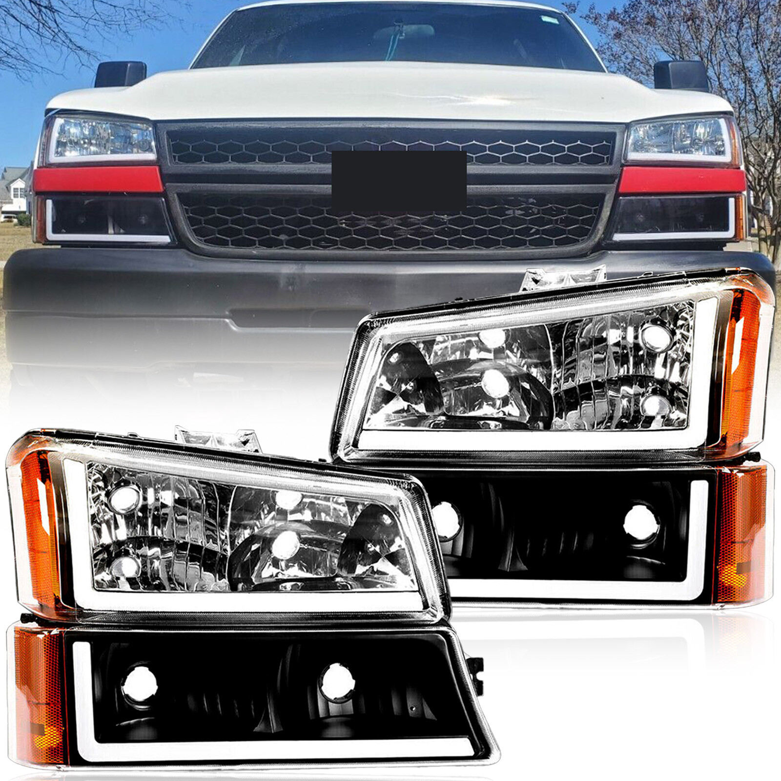 For 2003-2006 Chevy Silverado 1500 2500HD 3500 LED DRL Headlights & Bumper Lamps