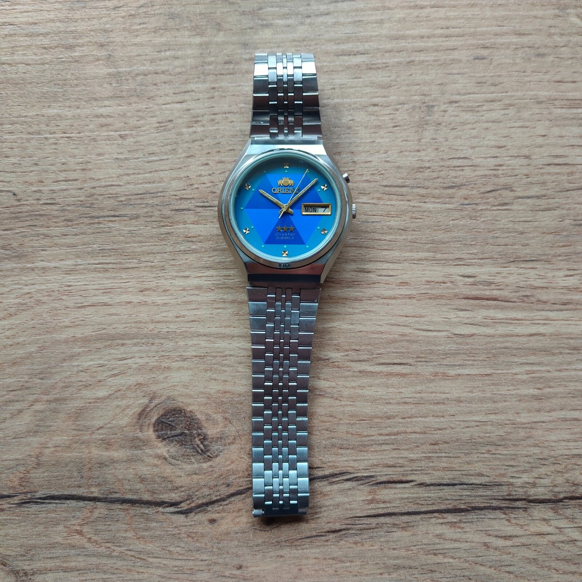 超レア ORIENT Crystal 自動巻 デイデイト Vintage Orient Crystal blue watch Japan Automatic watch Day