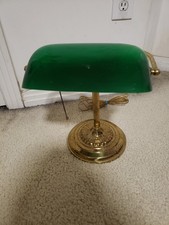 Vintage Bankers Lamp Green Glass Shade Gold Base Works Great Pull Chain On/Off