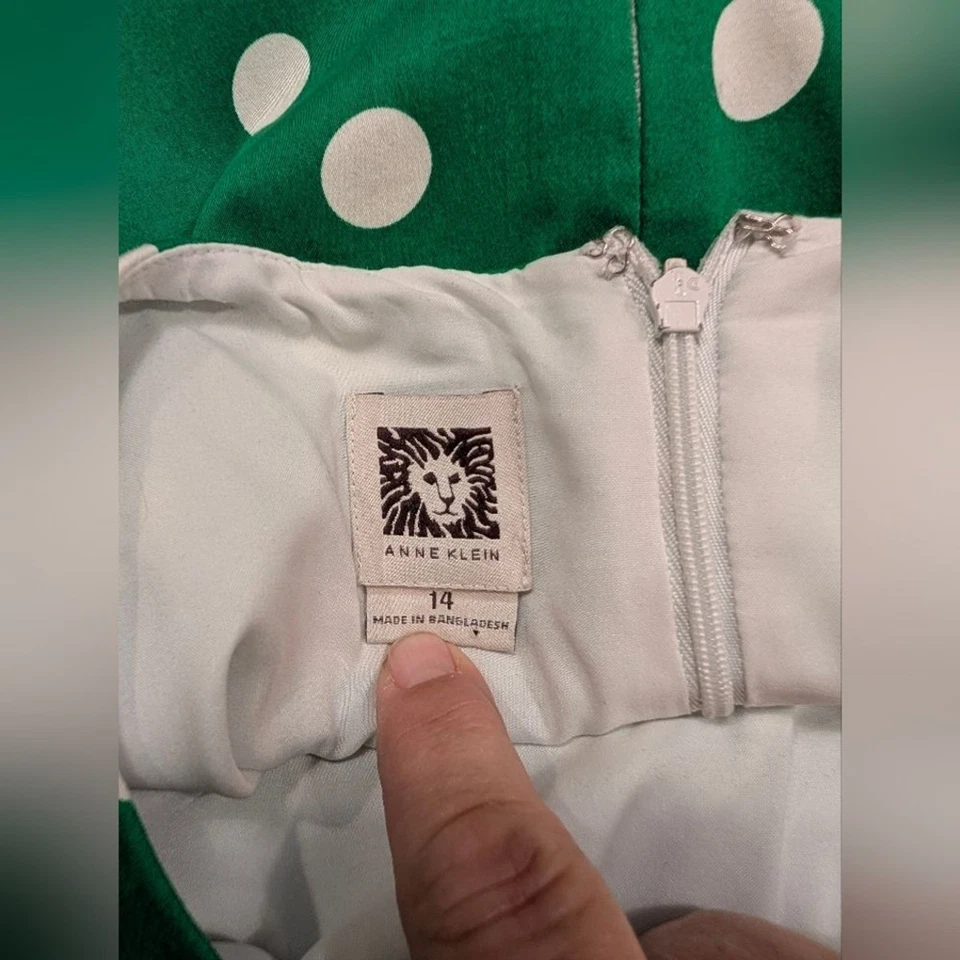Vestido Anne Klein Verde y Blanco Lunares Midi Retro Preppy Vestido Vaina Talla 14 Foto 3 de 4