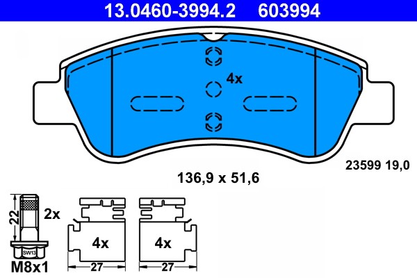 13.0460-3994.2 ATE brake pad set, disc brake for Citroen, DS, Opel, Peugeot