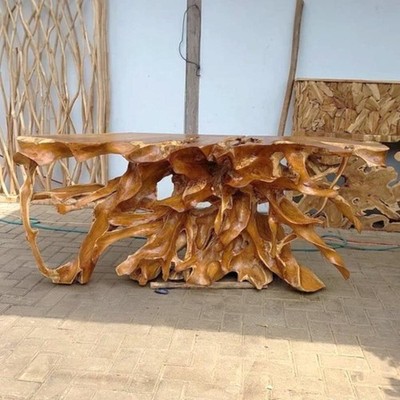 Natural Wood Carved Teak Root Console Table 59 - Organic Modern Entry Table