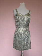Vintage strappy mini dress Gold blue brocadeXS UK6 w27" 1960s mods gogo boho