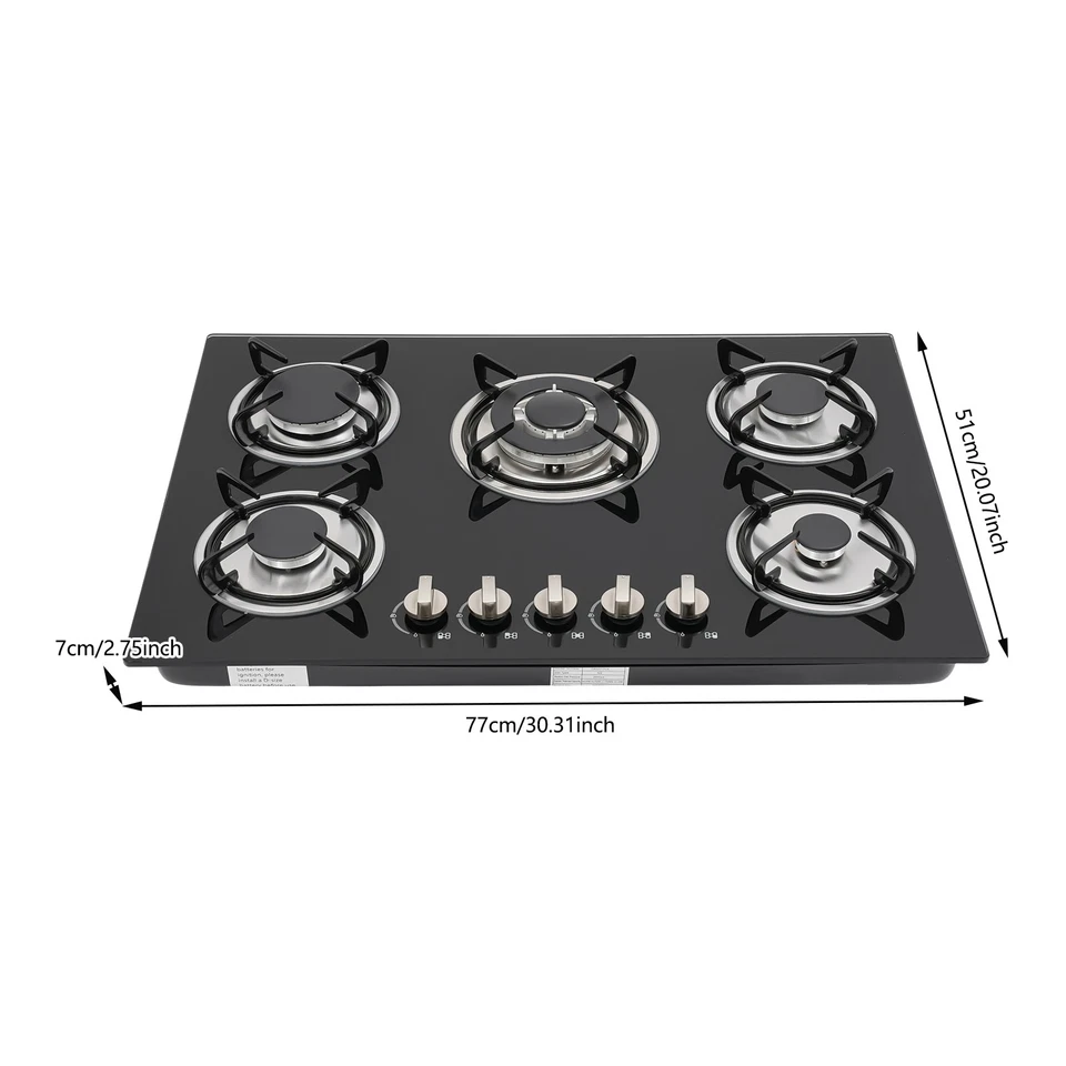 Estufa de 5 quemadores incorporada de 30 pulgadas GLP/NG encimera de gas encimera de vidrio templado Foto 3 de 4