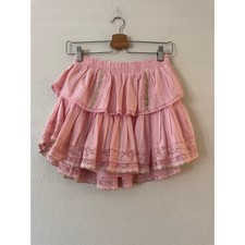 LoveShackFancy Ruffle Mini Skirt Tiered Lace Gold Lurex XS Pink Excellent