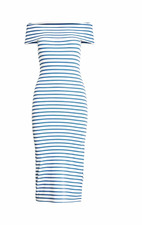 Lauren Ralph Lauren Bodycon Off Shoulder Knit Midi Dress Blue/White Striped XL