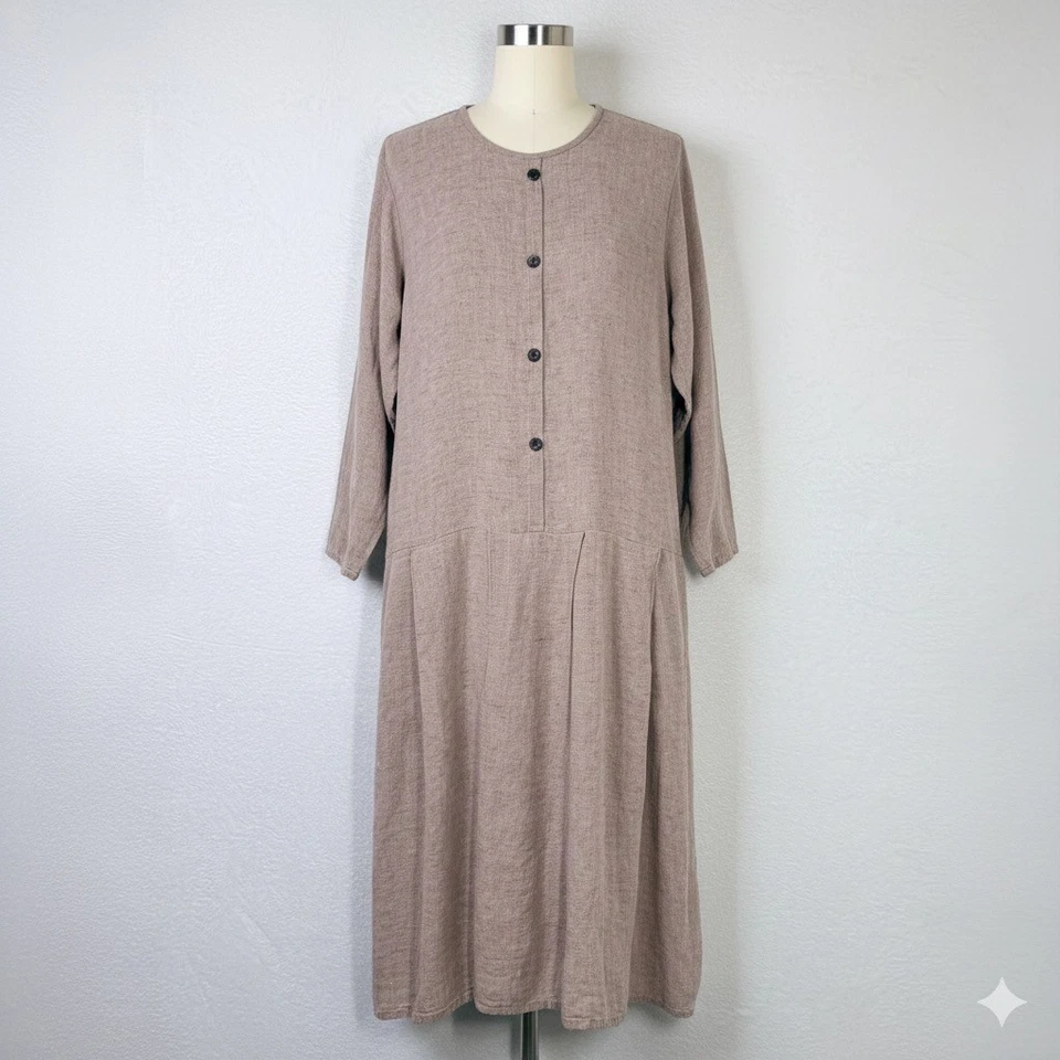Vestido de lino FLAX by Angelheart midi con botones bolsillos delanteros beige grande Lagenlook Foto 2 de 4