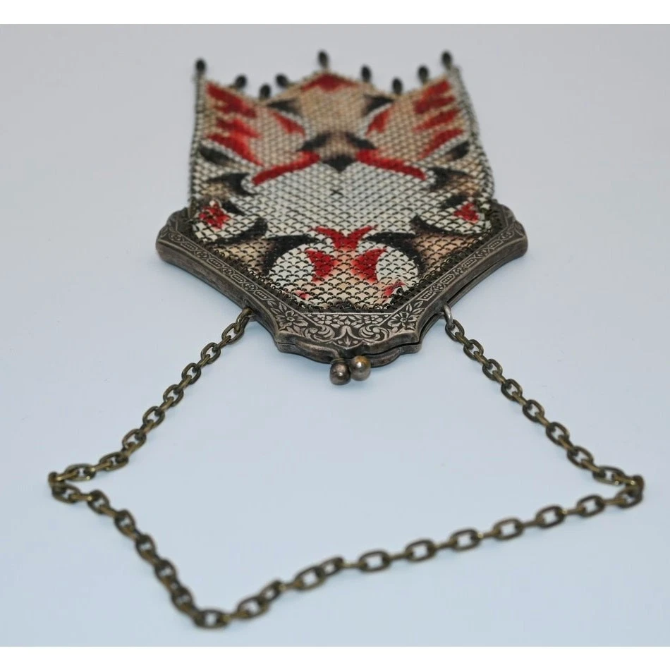 "Antiguo monedero de malla esmaltada Art Deco años 20 rojo negro diseño marco de latón 7""" Foto 3 de 4