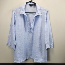 Tahari Womens Light Blue 100% Linen V-Neck Tunic Top 3/4 Sleeve Size L