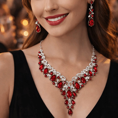 Funkelnde Kristall Halskette Ohrringe Brautschmuck Set Elegant Braut Accessoires