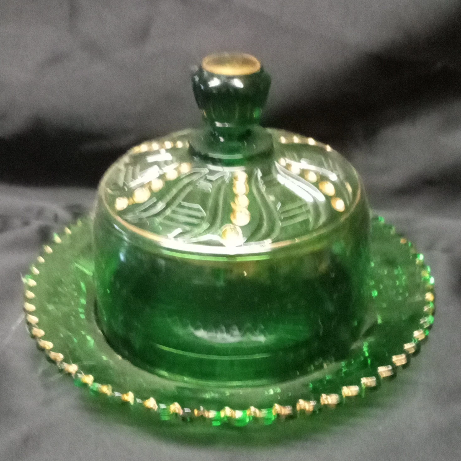 Green Glass Round Covered Butter Dish w/ Lid, Starburst Pattern Art Deco