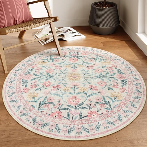 Pink Rug Circle Pattern Boho Light Pink Round Rug 4ft, Washable Small Circle Rugs for Bedroom ...