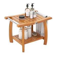 Teak Wood Shower Bench 2-Tier Wooden Shower Stool with Curved Seat Handles