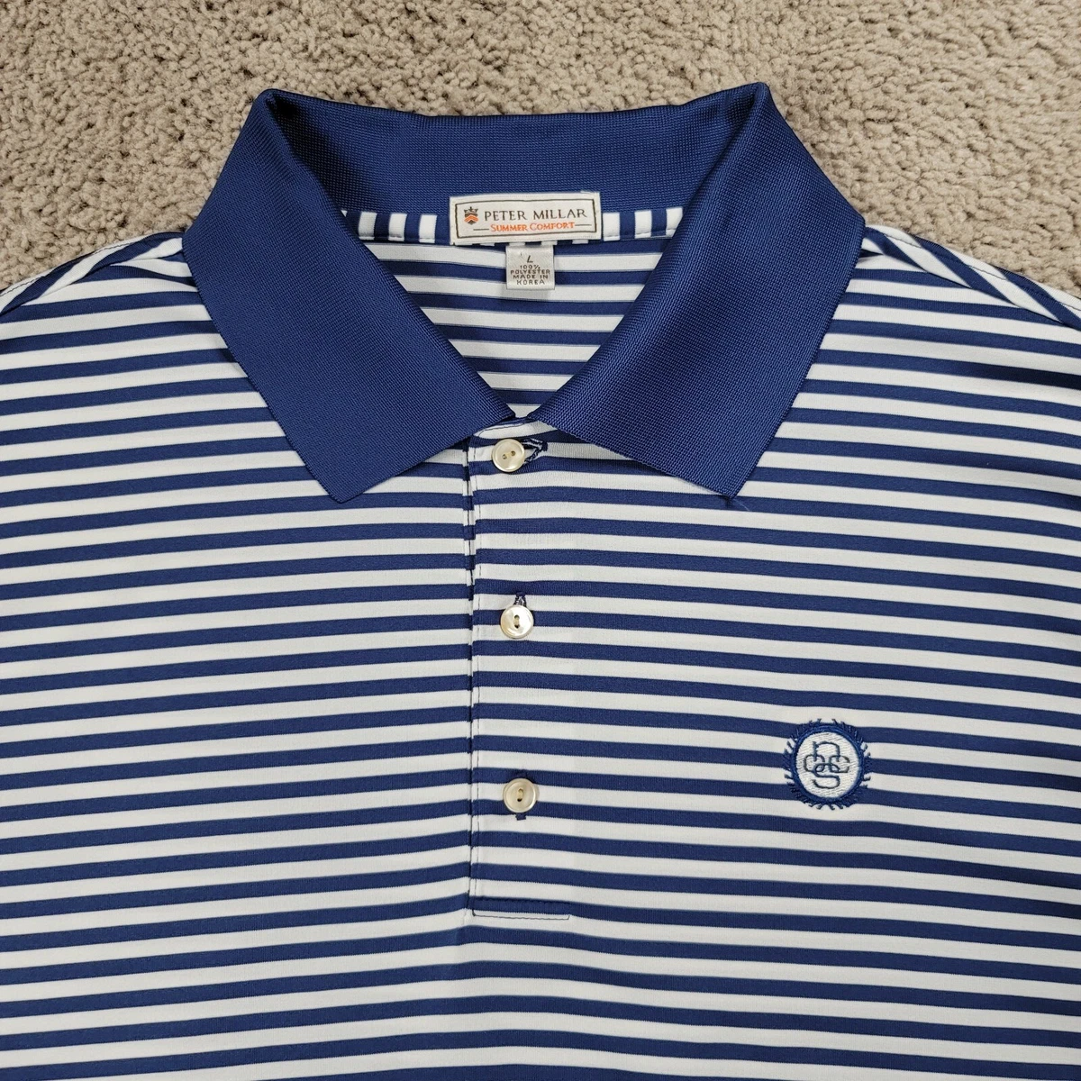 Peter Millar Summer Comfort men Polo Shirt LARGE blue white striped Wicking  golf