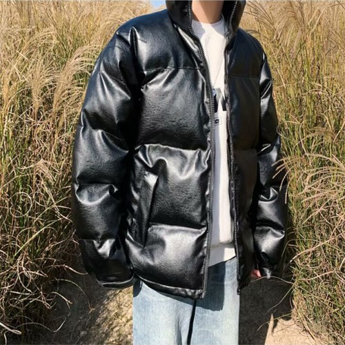 Men Faux Leather Puffer Coat Padded Jacket Loose Wet Look Quilted Overcoat - Picture 7 of 10