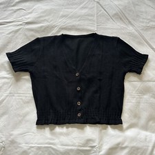 Black Short Sleeve Ruffled Pointelle Crop Knit Cardigan (S)