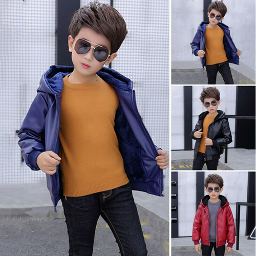 Kids Boys Pu Leather Jackets Thicken Hooded Jacket Motorcycle Boys Biker Coat - Picture 4 of 14