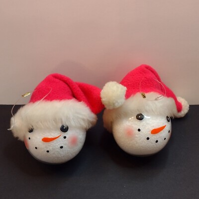 Snow Ball Faces Christmas Ornaments Plastic Hot Pink Stocking Hats Lot Of 2 HTF