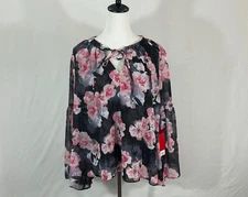 Jennifer Lopez Top 1X Black Floral Metallic Bell Sleeve Flowy Easter Blouse NWT