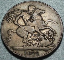 1822 GREAT BRITAIN Sterling Silver ONE CROWN King GEORGE IV + St George & DRAGON