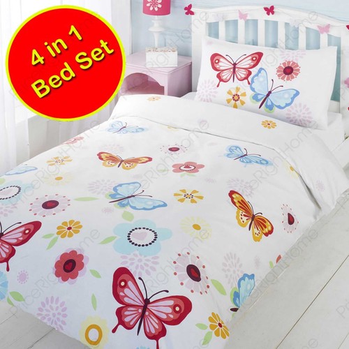 WHITE JUNIOR TODDLER BED 4 IN 1 BUTTERFLY BEDDING SET (DUVET + PILLOW
