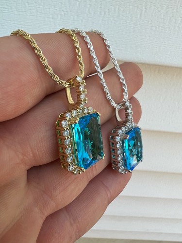 Hip Hop Iced Moissanite & Blue Stone Bling Pendant 925 Silver / 14k Gold Plated - Picture 11 of 14