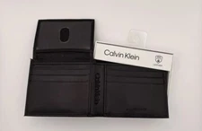 NEW Calvin Klein Black RFID Leather Wallet Bifold With Flip Out ID, CK Logo