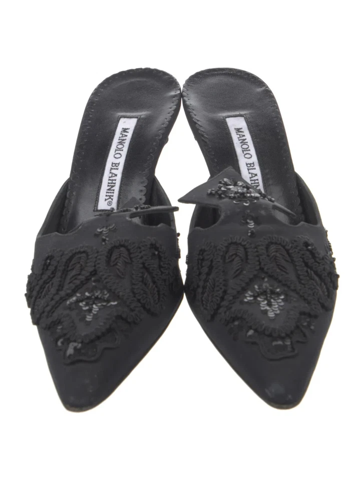 Mules Manolo Blahnik para mujer talla 8 negro estampado floral bordado con cuentas sin cordones Foto 3 de 4