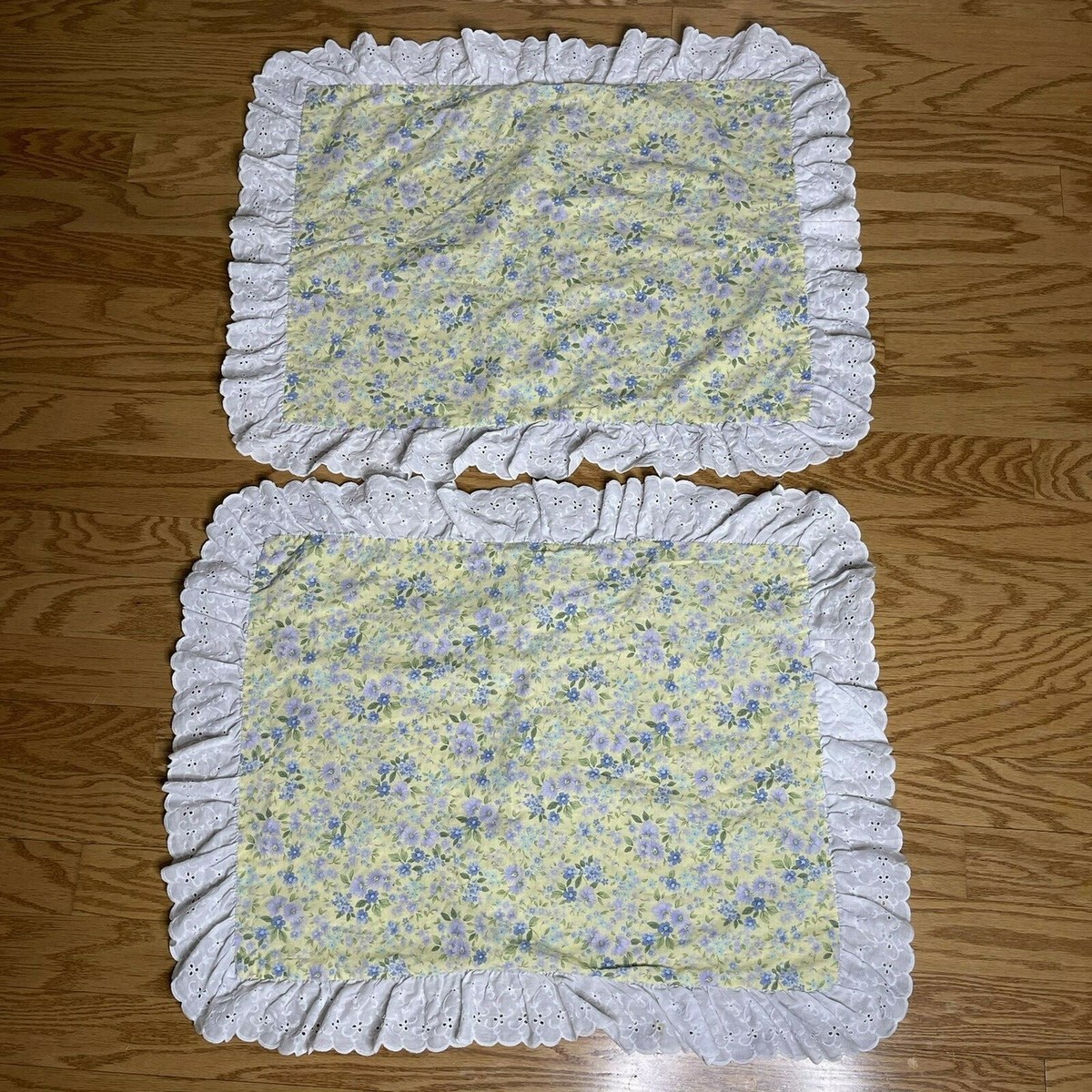 Vintage Hollander Pillow Shams Yellow Floral Eyelet Lace Cottage