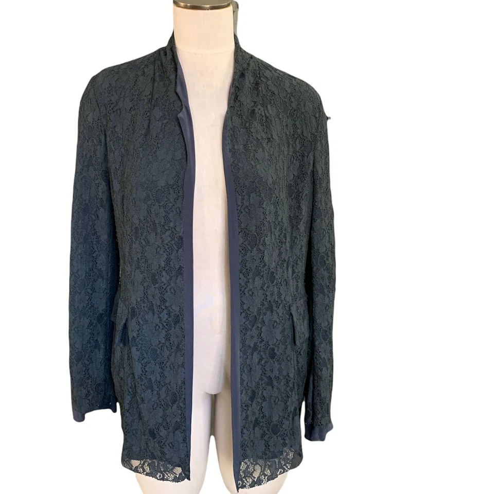 Les Copains Wm Italy Sz 44 US 8 Silk Blend Lace Blazer Jacket Pockets Gray 9i - Image 2 of 4