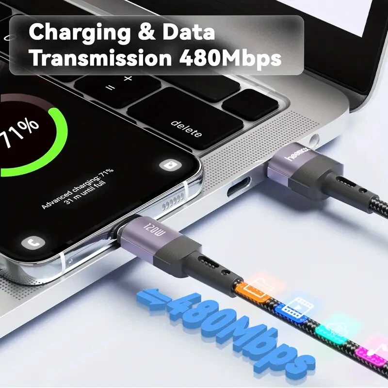 Fast Charger and Data Transfer Braided USB Lead Cable Type A to C 120W 7A - 2M - Image 3 of 4