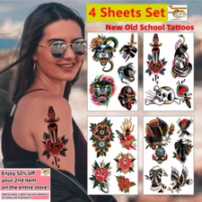 Set of 4 Sheets Waterproof Temporary Tattoo Stickers Old School Arm & Body Art