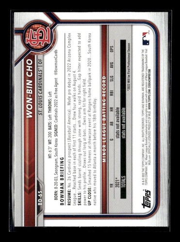 2022 Bowman Draft Paper Won-Bin Cho - St. Louis Cardinals #BD-65 5 Card Lot - Picture 2 of 2