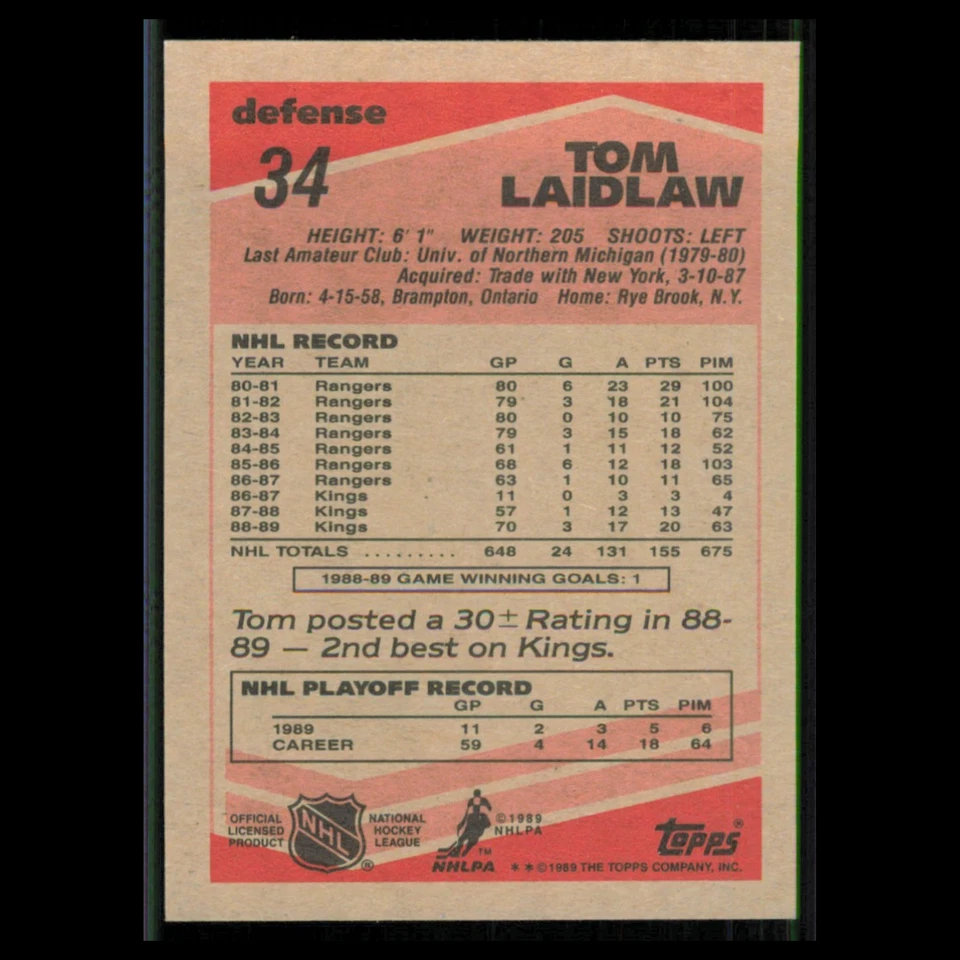 Tom Laidlaw #34 1989 Topps Los Angeles Kings Hockey Card NHL NM - Image 2 of 3