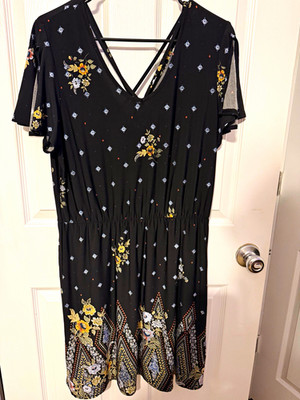 maurices Black Floral Maxi Dress V-Neck Flutter Short Sleeve Pullover L NWT