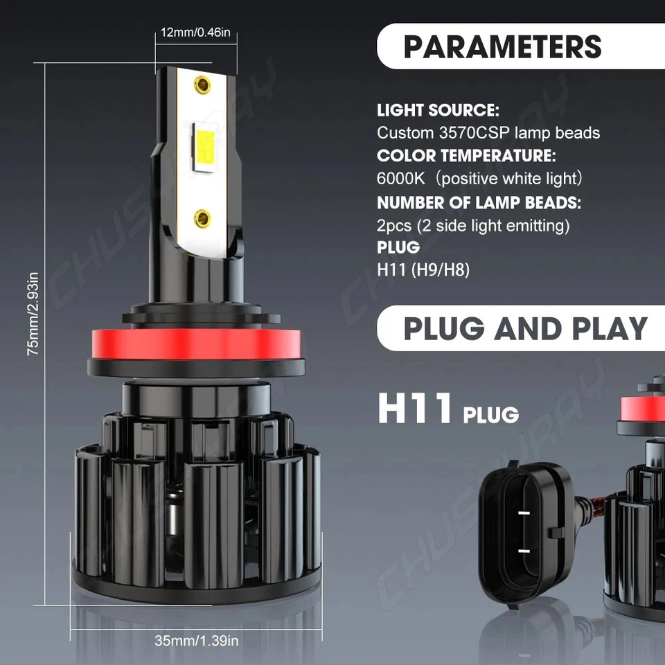 H9 H11 LED Headlight High Low Beam Bulbs Bright White For Pontiac G6 2005-2010 - Изображение 4 из 4